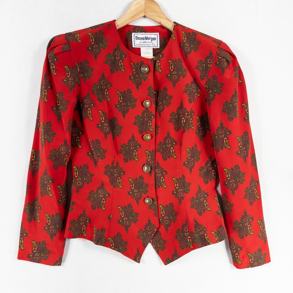 Vtg Donna Morgan for Non Stop Blazer Jacket Womens 8 Red Paisley Button Up